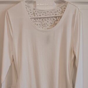 Massini Cream Tunic, 3/4 sleeves, Rouched Crocheted Yoke, Size L